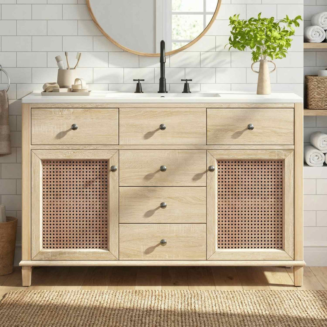 48 inch natural Wood bathroom vanity with ceramic sink closed front view in modern white bathroom