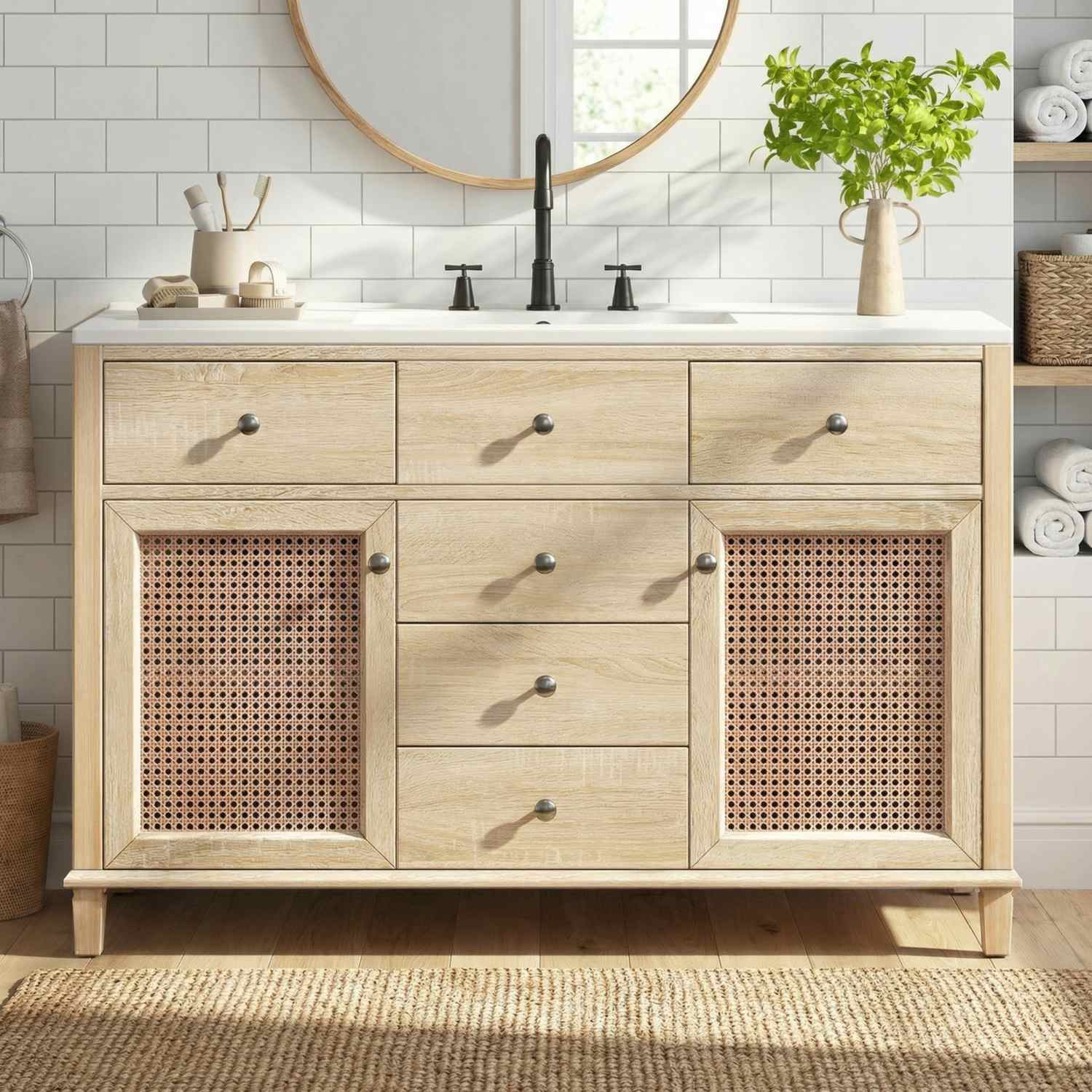 48 inch natural Wood bathroom vanity with ceramic sink closed front view in modern white bathroom