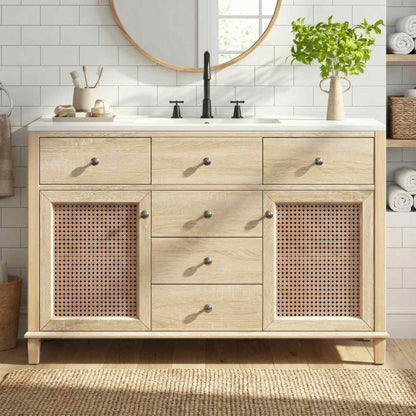 48 inch natural Wood bathroom vanity with ceramic sink closed front view in modern white bathroom
