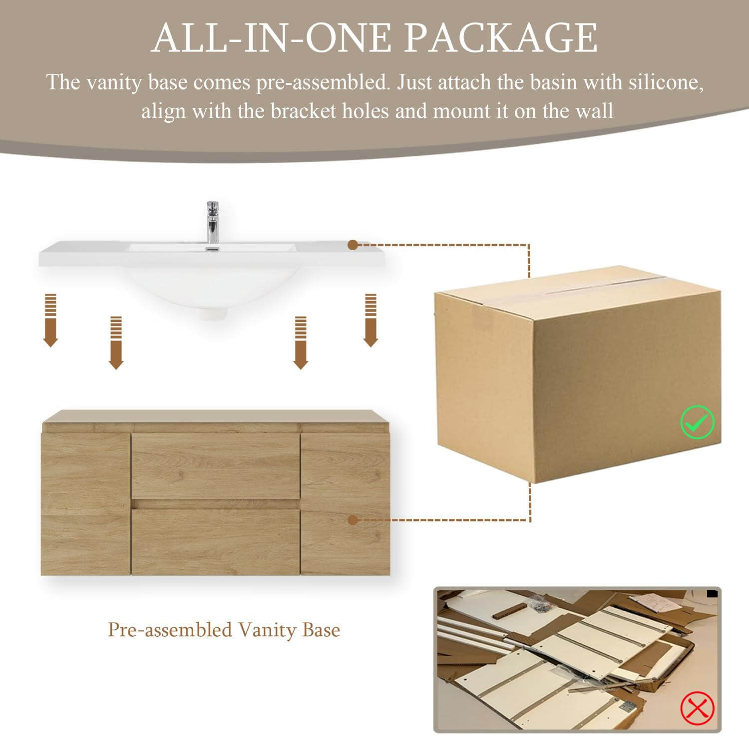 48 inch natural oak bathroom vanity pre assembled package shipping box