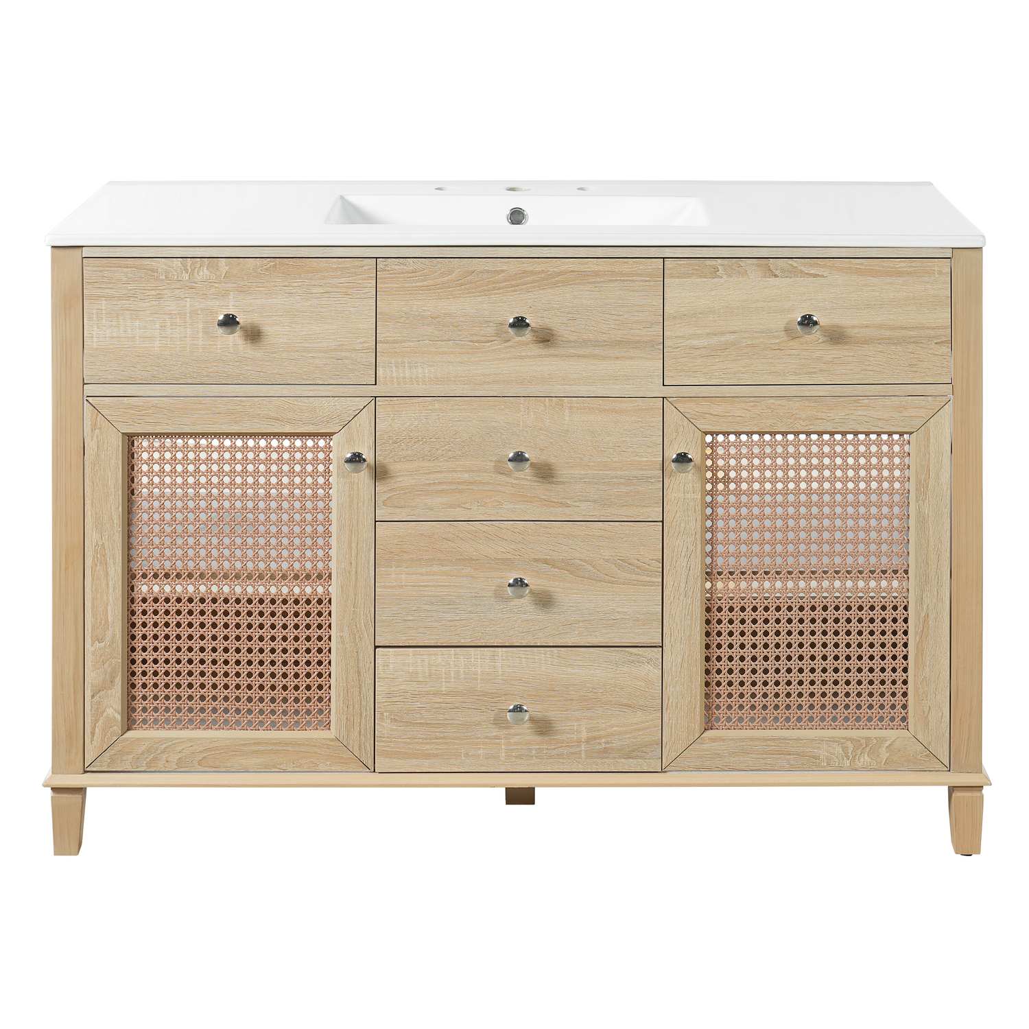 48 inch natural oak rattan bathroom vanity with ceramic sink closed front view on white background