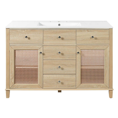 48 inch natural oak rattan bathroom vanity with ceramic sink closed front view on white background