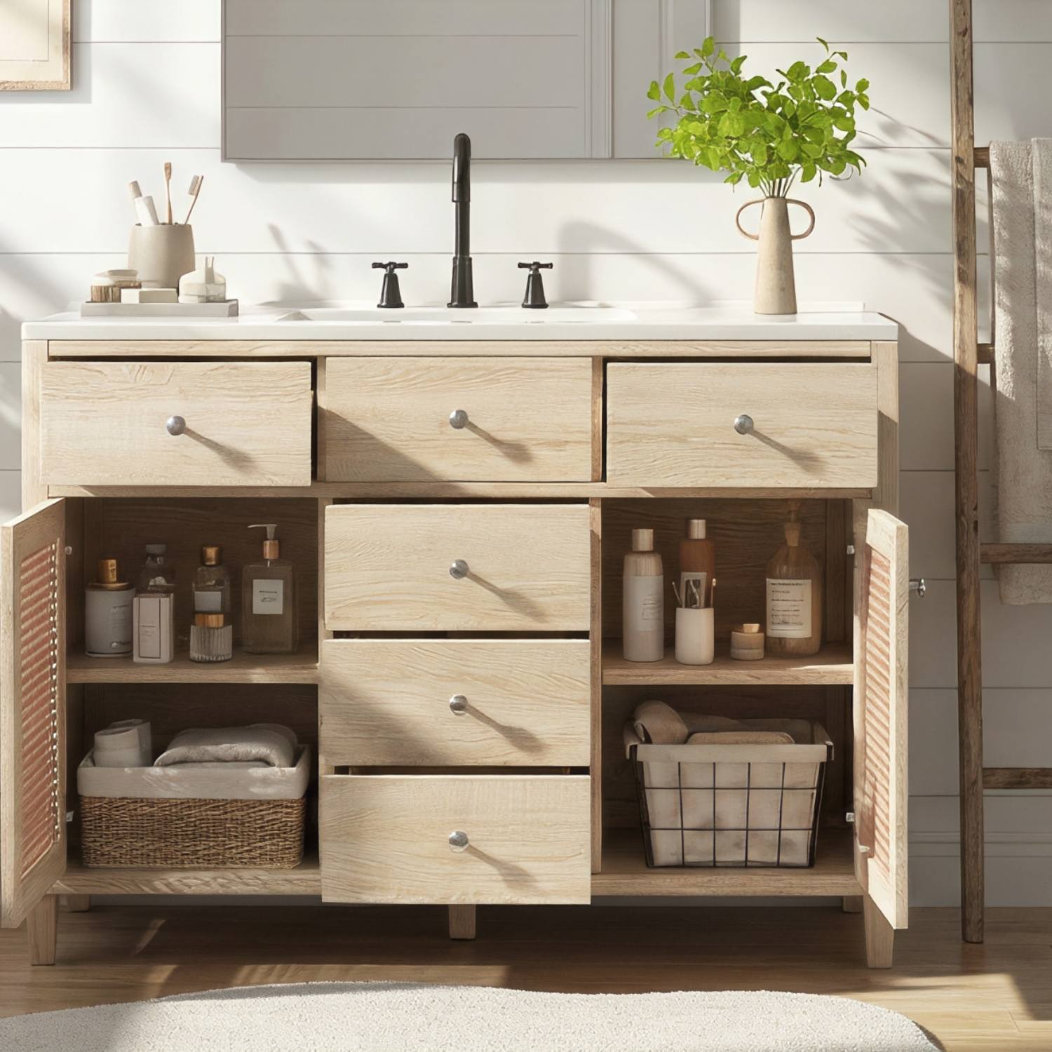 48 inch natural oak rattan bathroom vanity with open storage in modern farmhouse bathroom