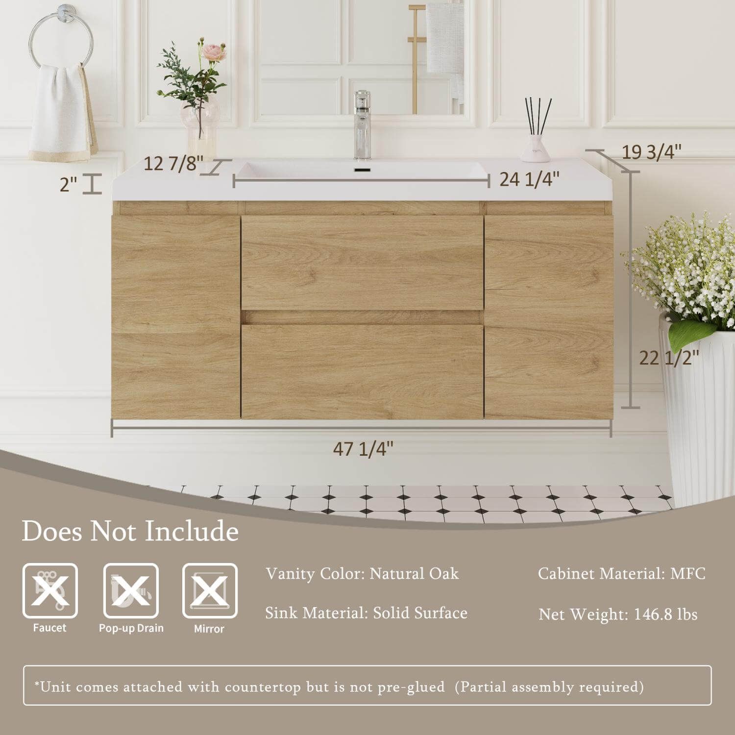 48 inch oak bathroom vanity dimensions and product specifications