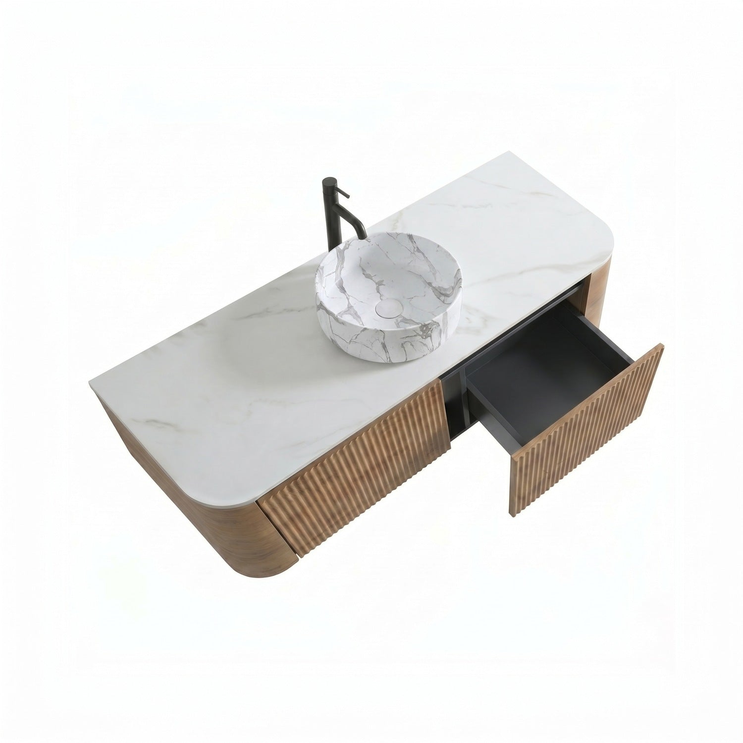 48 inch oak floating vanity extended storage drawer marble texture vessel sink modern bathroom furniture angle view