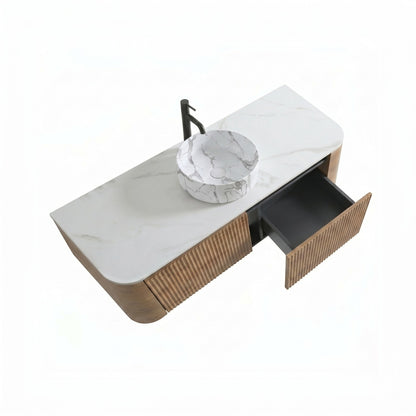 48 inch oak floating vanity extended storage drawer marble texture vessel sink modern bathroom furniture angle view