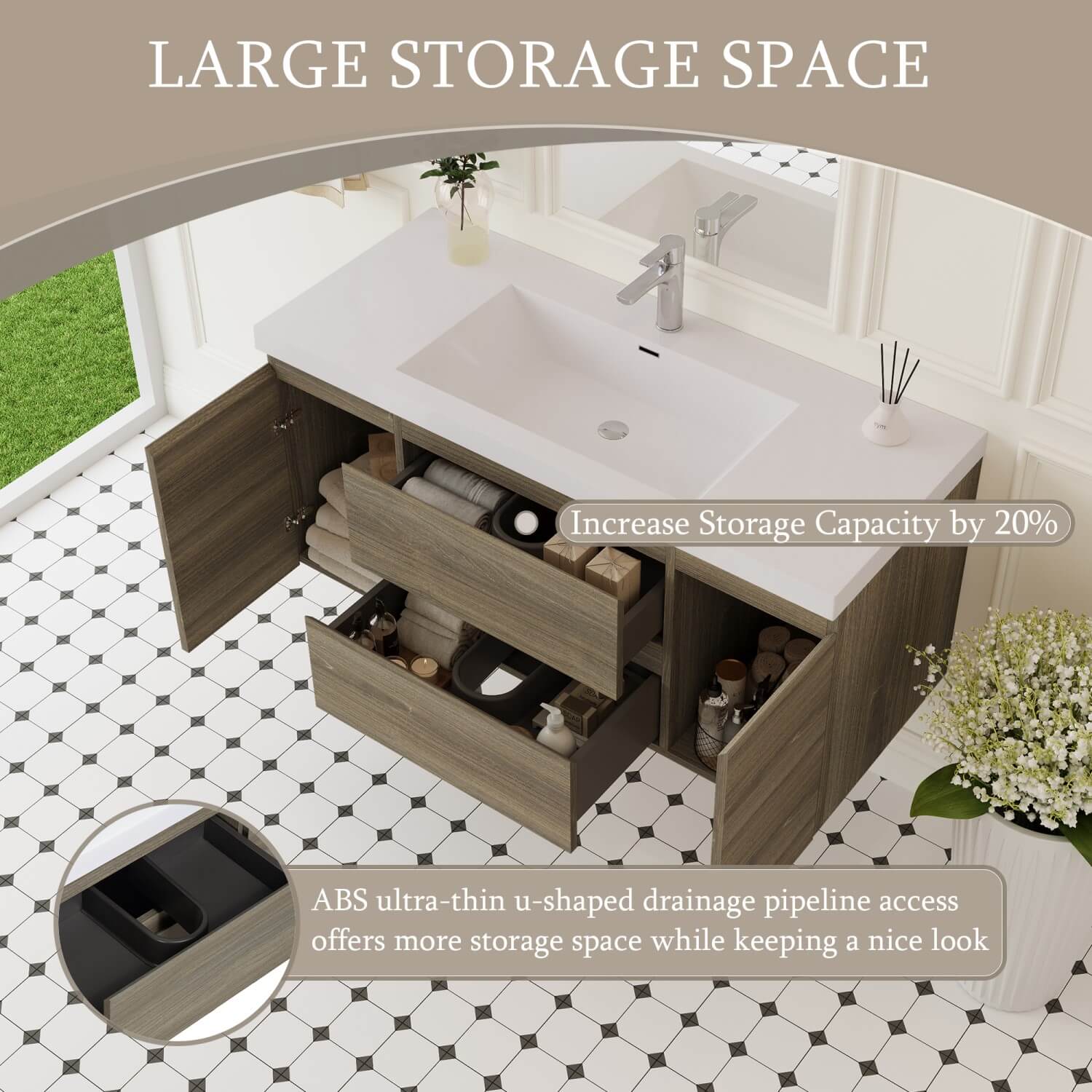 48 inch vanity large storage space with abs ultra thin u shaped plumbing cutout detail