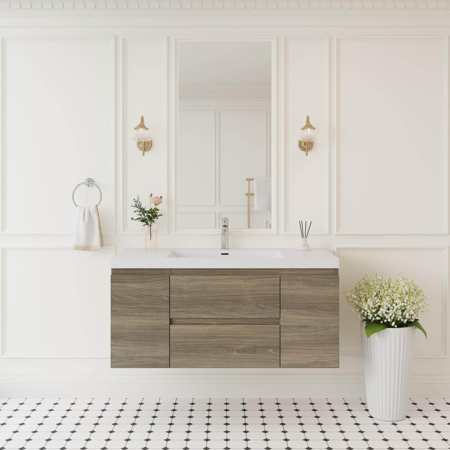 48 inch wall-mounted ash grey floating bathroom vanity with mirror full bathroom setup view