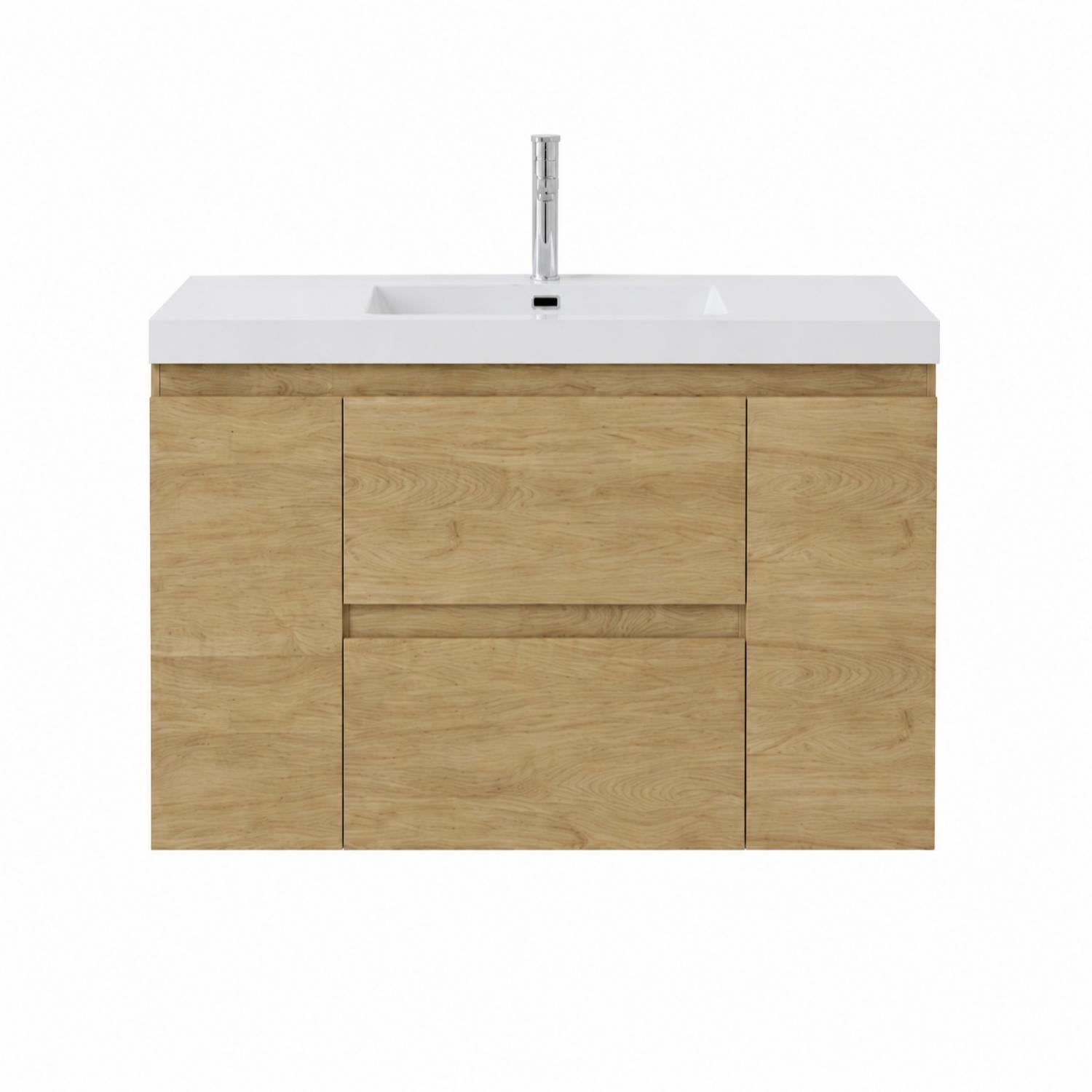 48 inch wall hung bathroom vanity natural oak front view with faucet