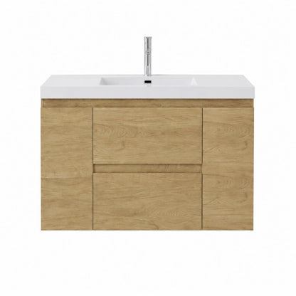 48 inch wall hung bathroom vanity natural oak front view with faucet