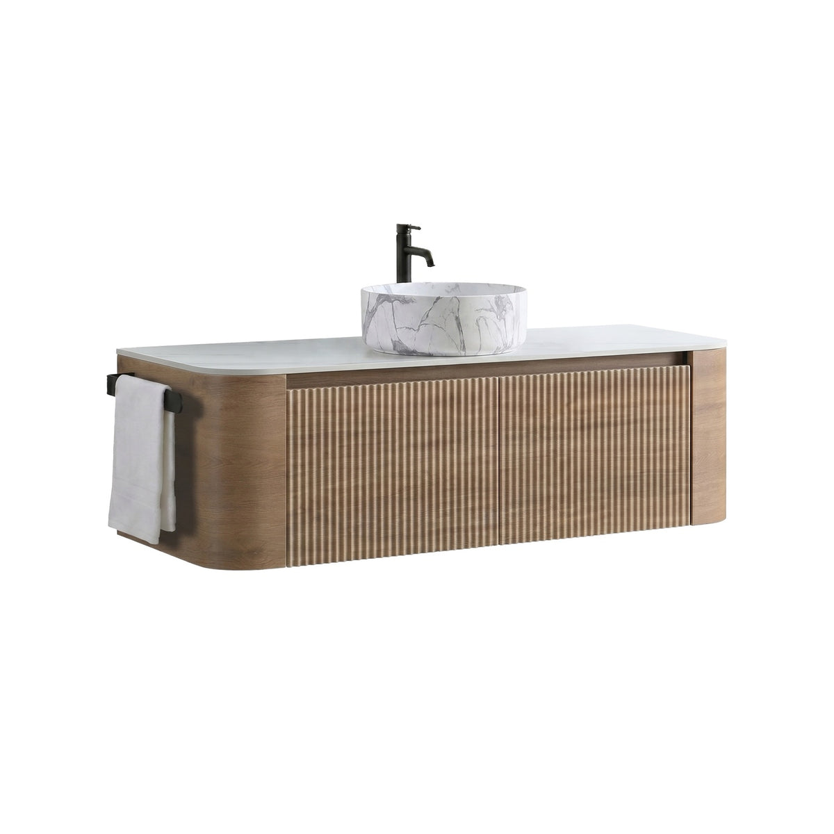 48 inch wall hung oak bathroom vanity with towel bar side view white countertop modern fluted cabinet