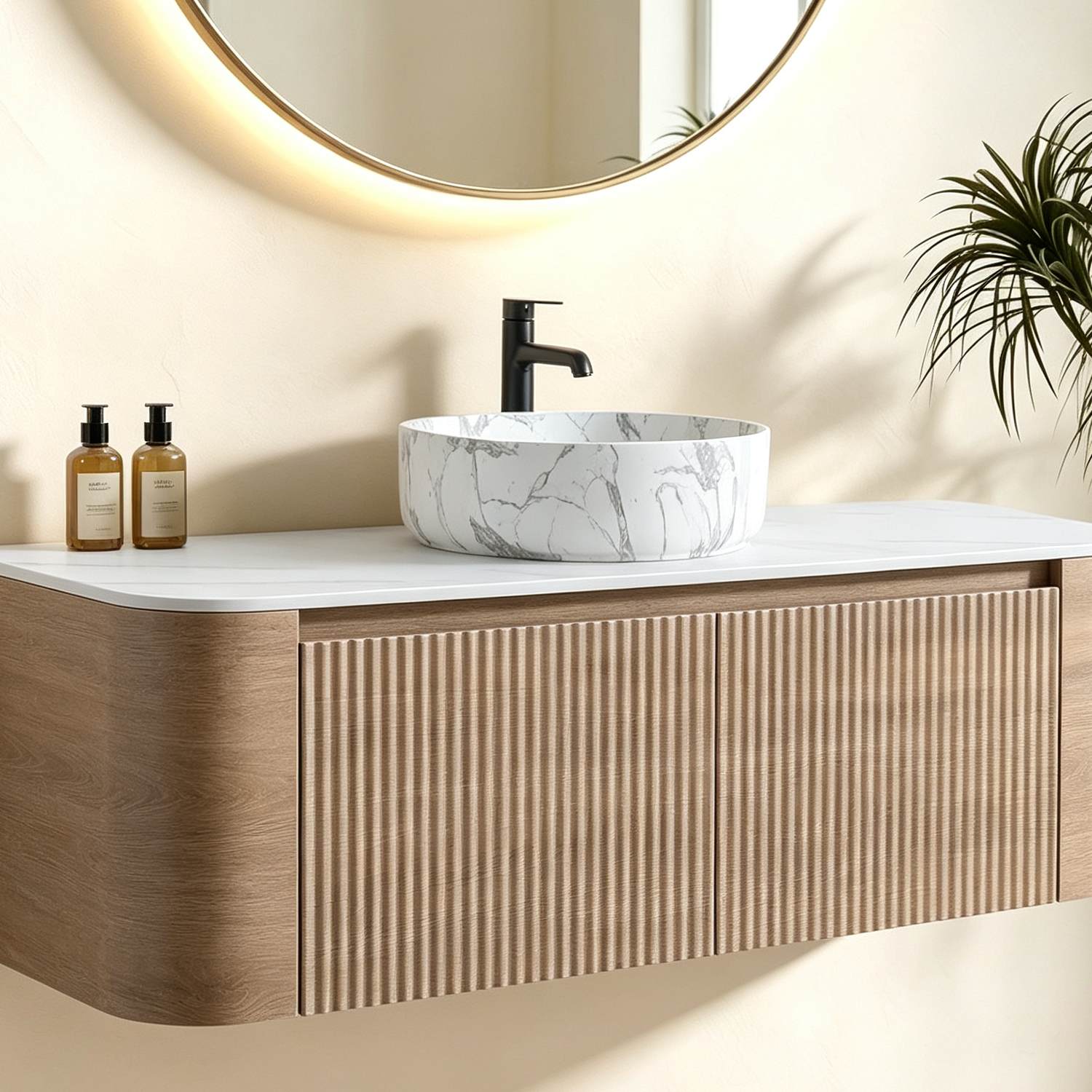 48 inch wall mounted fluted oak cabinet detail view rounded edge marble top vessel sink bathroom aesthetic
