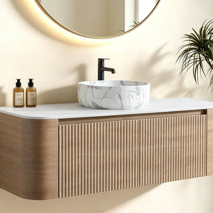 48 inch wall mounted fluted oak cabinet detail view rounded edge marble top vessel sink bathroom aesthetic