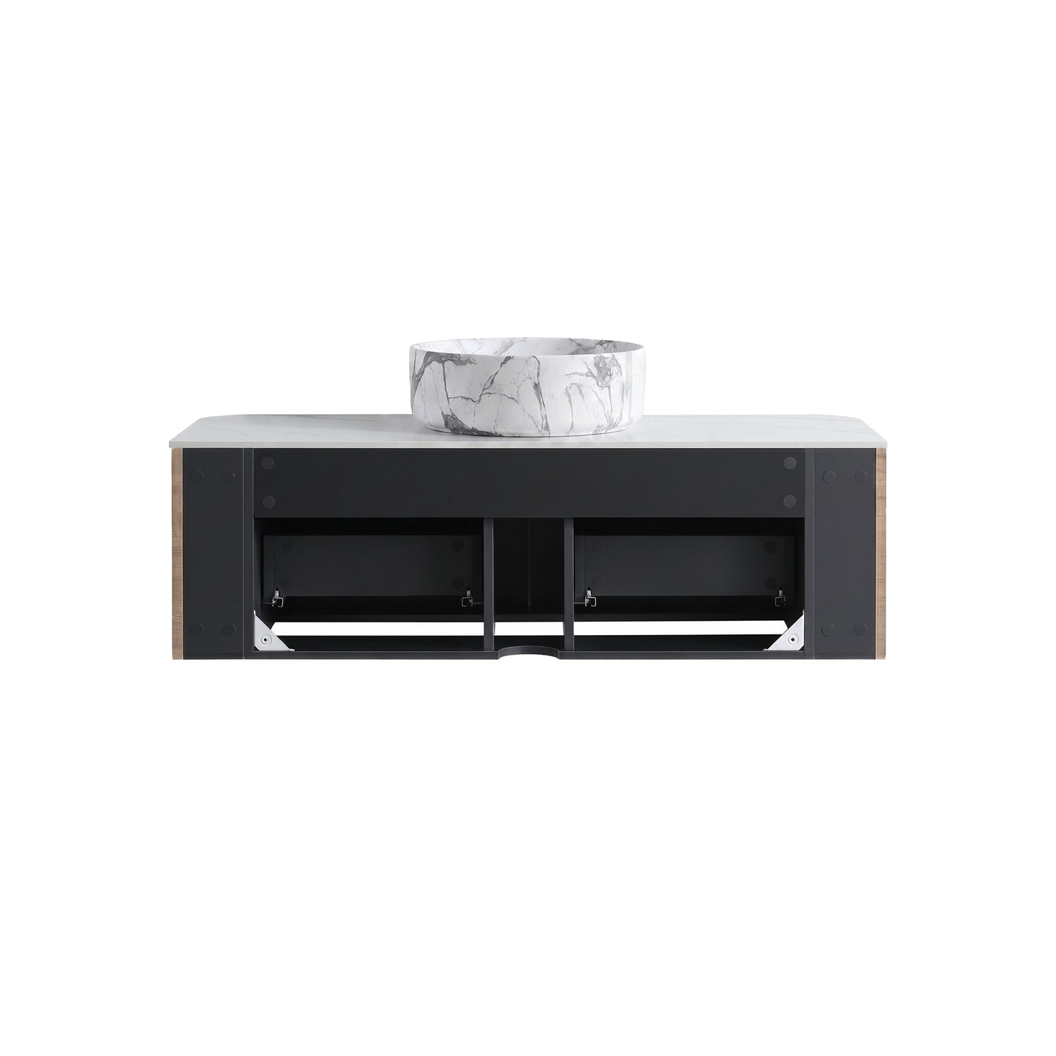 48 inch wall mounted vanity back structure plumbing access opening installation details white oak floating cabinet