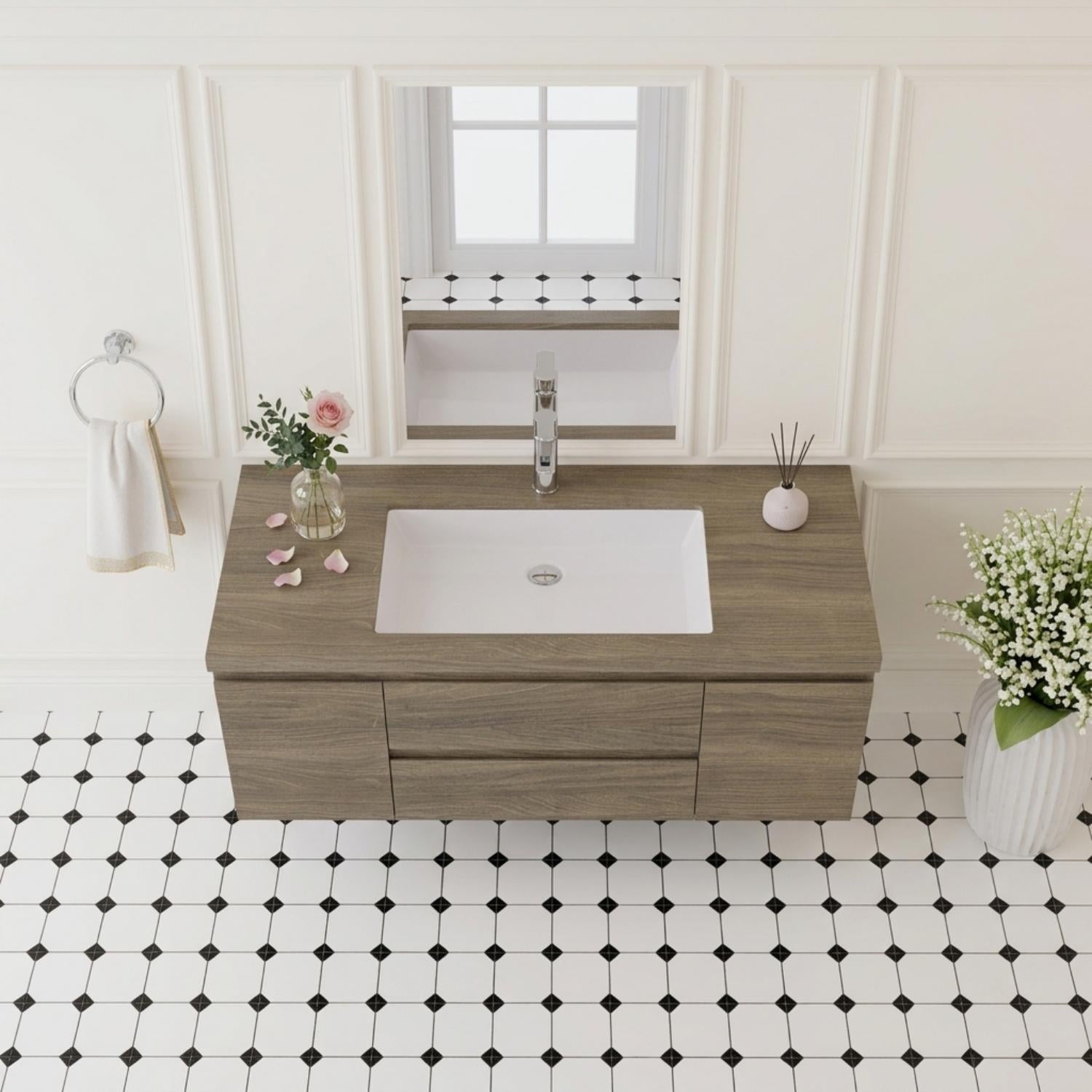 48 inch waterproof wall-hung vanity combo top down overhead view rectangular integrated white sink
