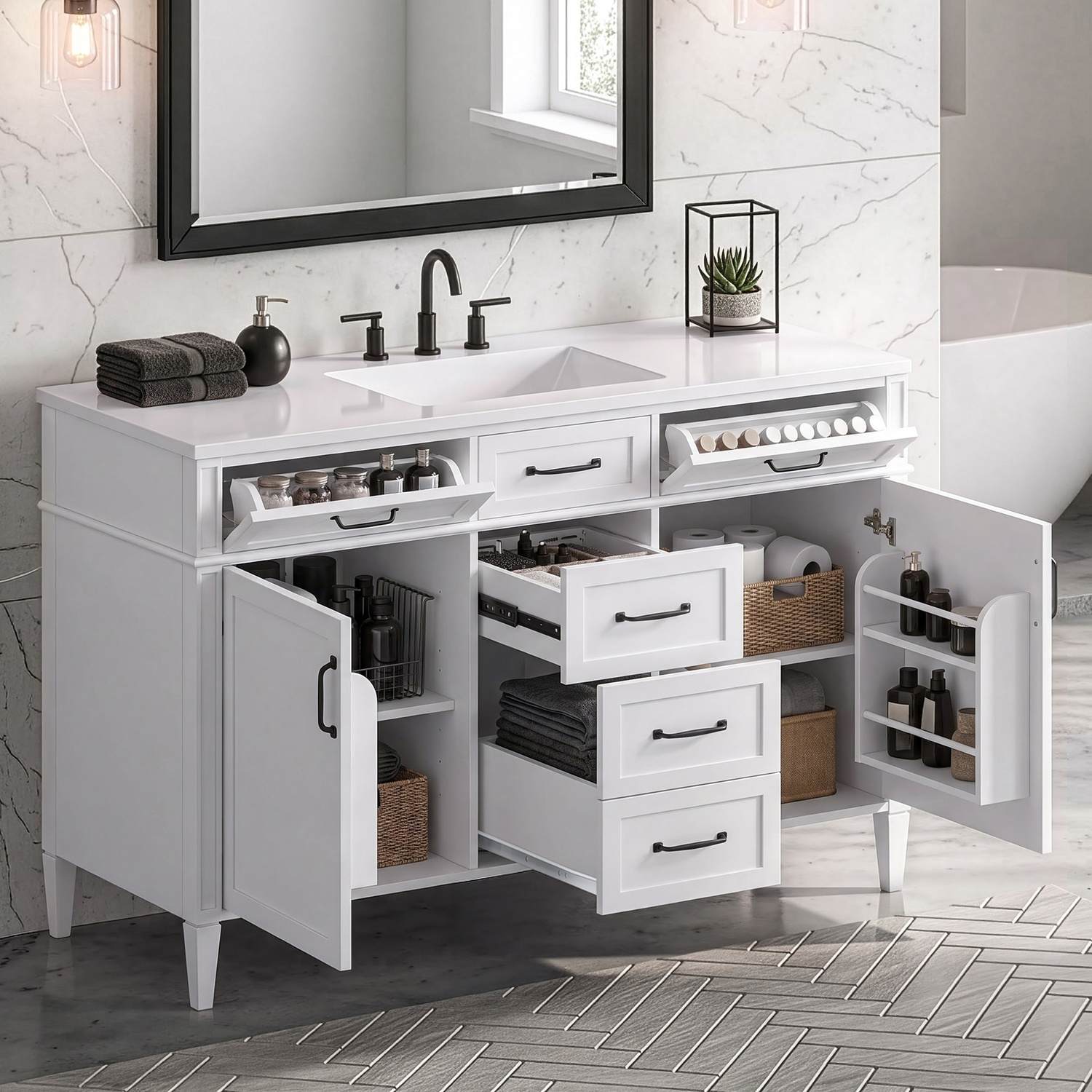 48 inch white bathroom vanity cabinet fully opened showing maximum organization space and storage drawers