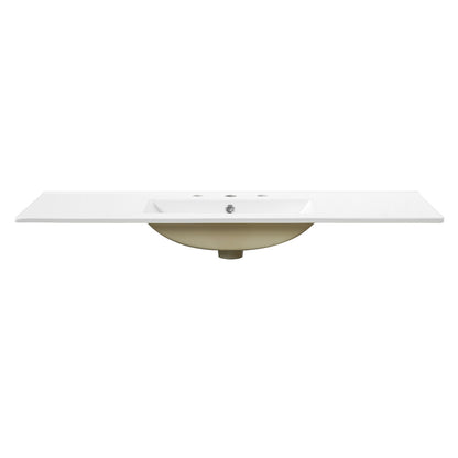 48 inch white ceramic integrated bathroom vanity sink top front side view with rectangular basin