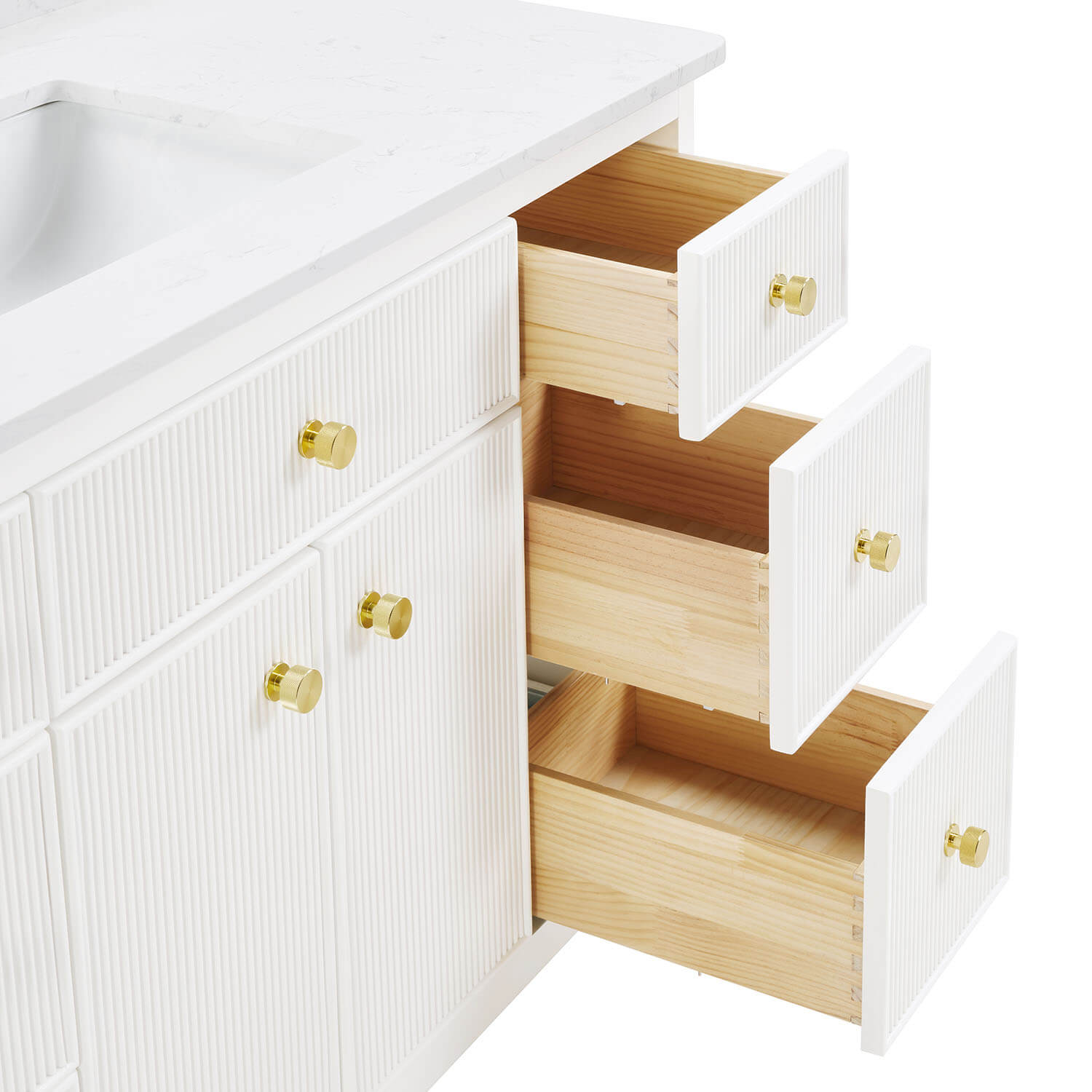 48 inch white fluted bathroom vanity with drawers
