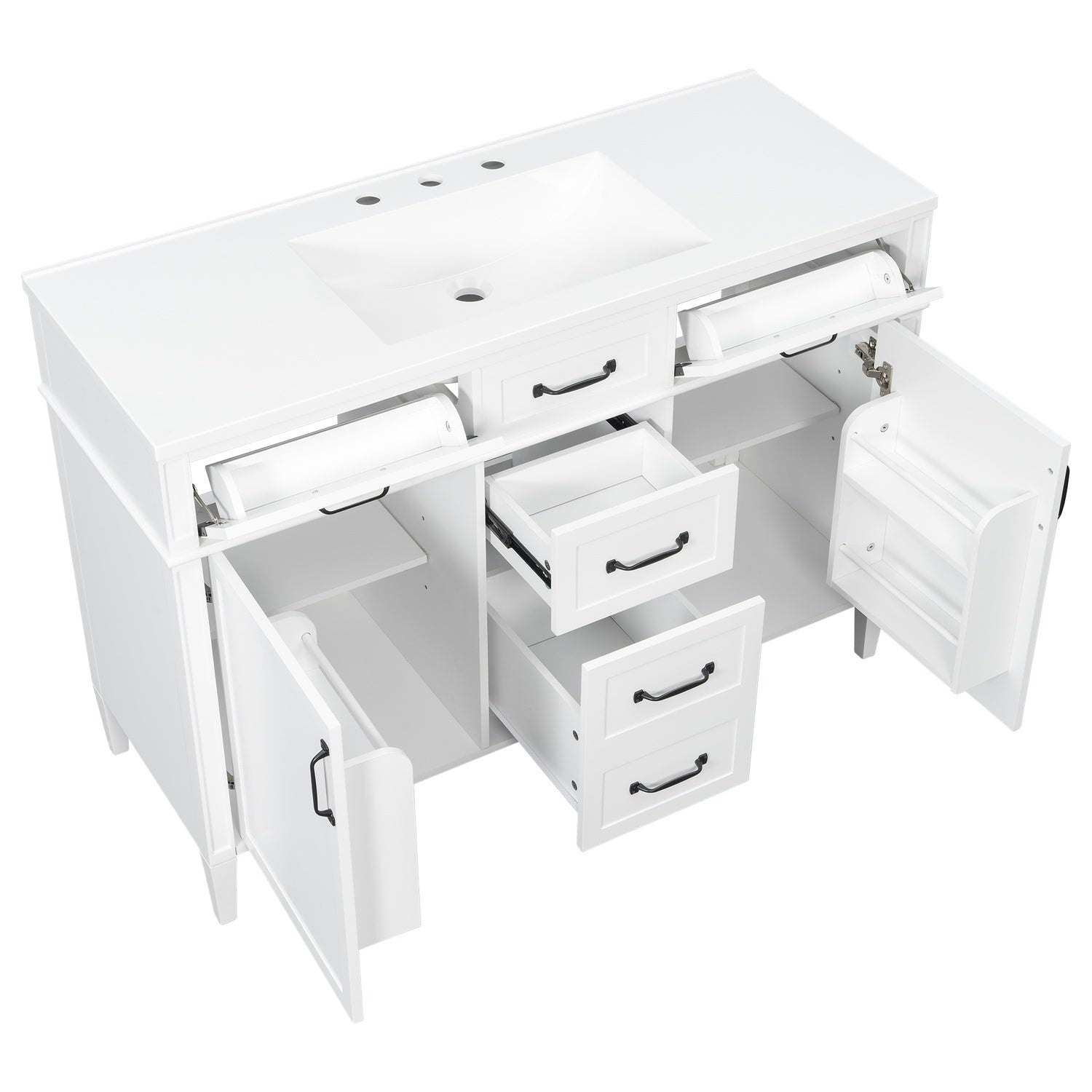 48 inch white freestanding bathroom vanity cabinet with composite sink and multiple storage drawer options