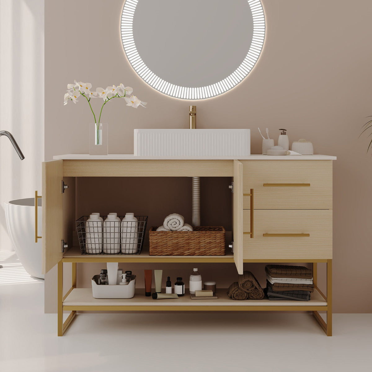 48 inch white oak bathroom vanity double swing doors open revealing interior cabinet compartment with corrugated drain pipe and shelf