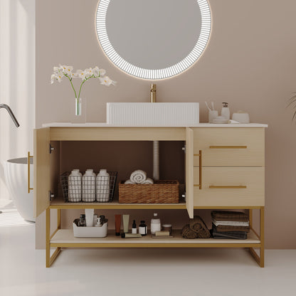 48 inch white oak bathroom vanity double swing doors open revealing interior cabinet compartment with corrugated drain pipe and shelf