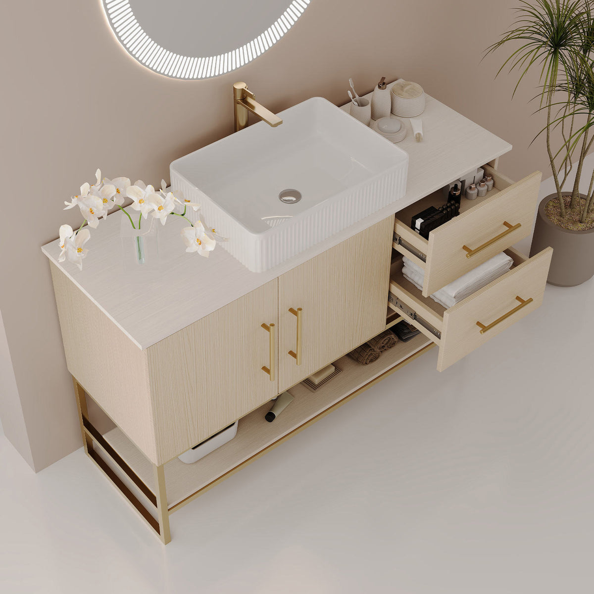 48 inch white oak bathroom vanity right side drawers extended showing organized cosmetics skincare and folded towel storage space