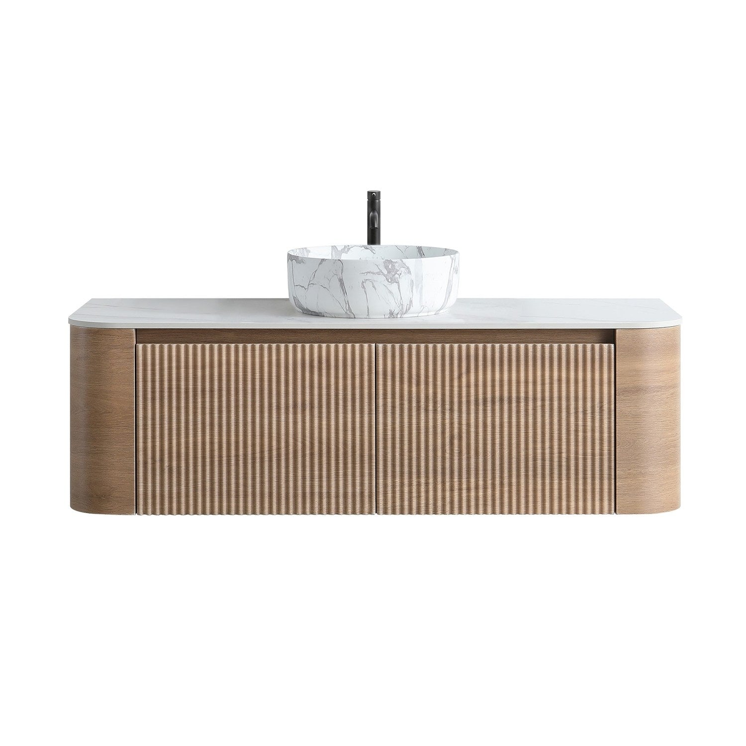 48 inch white oak floating bathroom vanity with ceramic vessel sink fluted modern wall mounted design front view