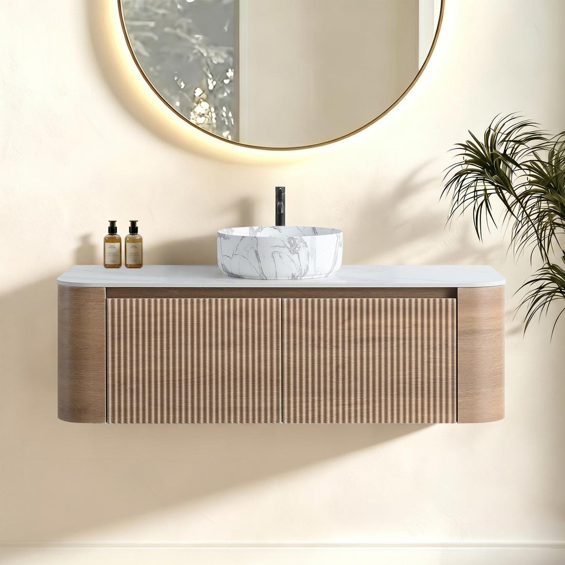48 inch white oak floating vanity with marble vessel sink contemporary bathroom remodel rendering front view