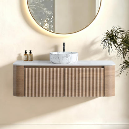 48 inch white oak floating vanity with marble vessel sink contemporary bathroom remodel rendering front view