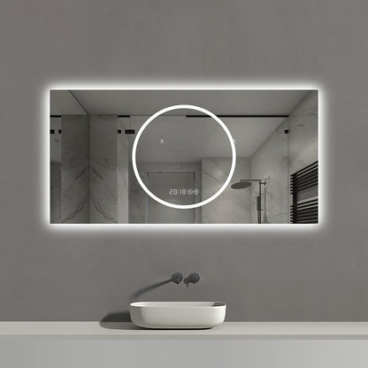 48 x 24 inch LED backlit bathroom mirror cool white light with circular magnifier and digital clock in modern gray vanity
