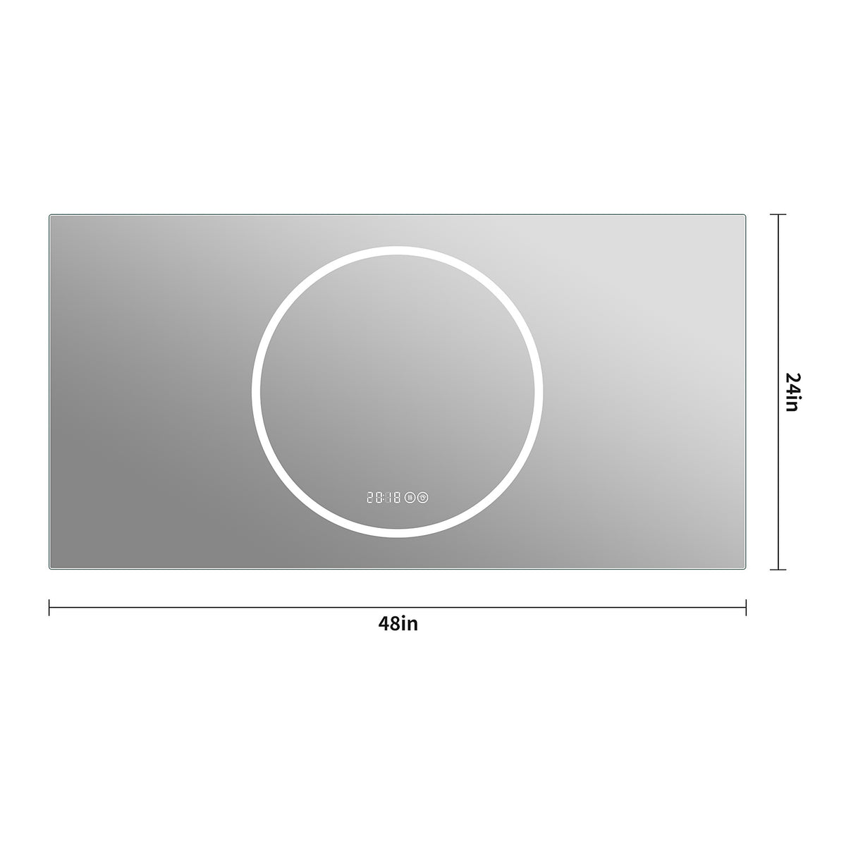 48 x 24 inch LED bathroom mirror overall dimensions diagram width and height measurement with magnifying circle