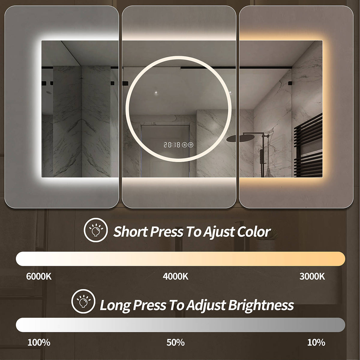 48 x 24 inch LED makeup mirror three color temperature tunable white light 3000K warm white 4000K neutral 6000K daylight with dimmable brightness