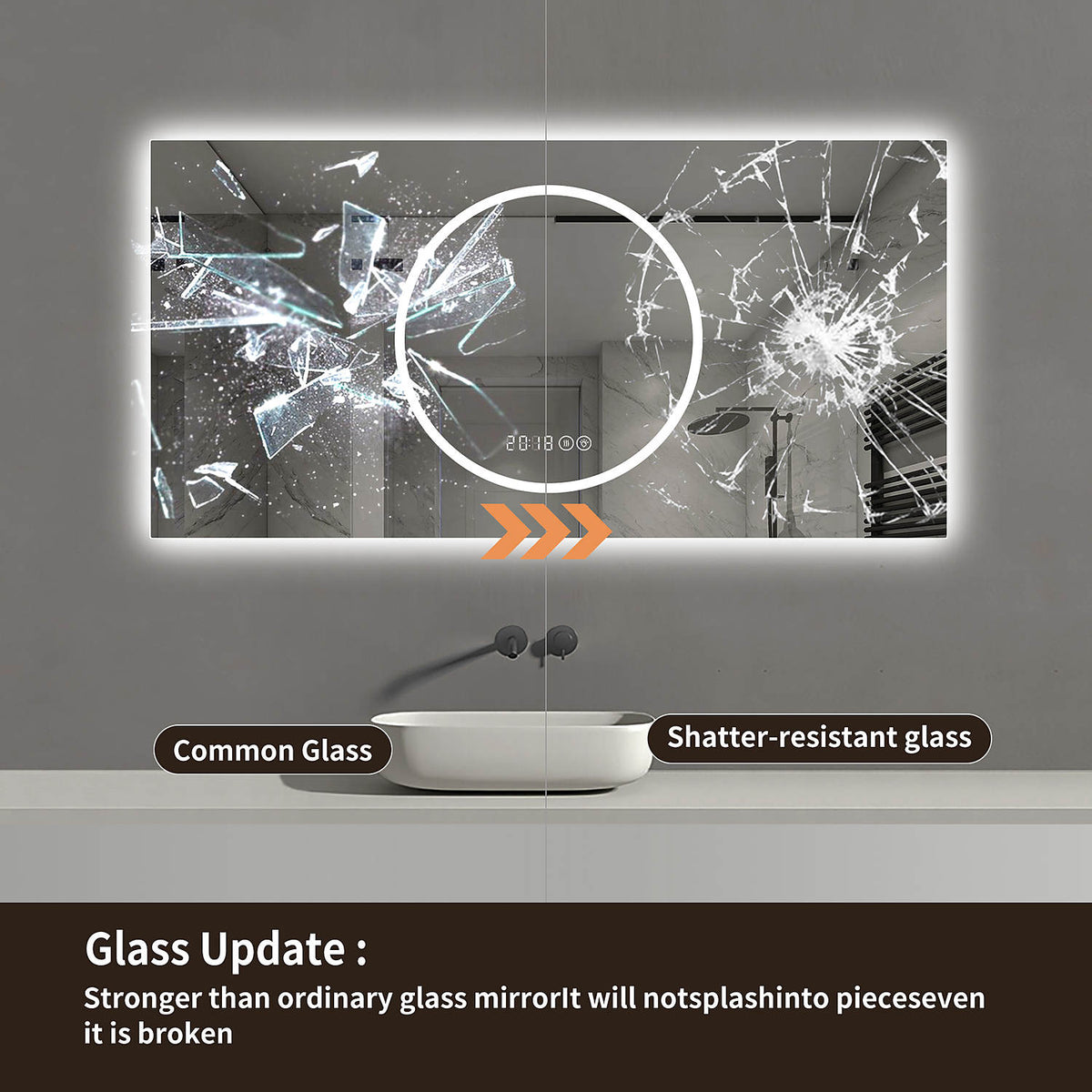 48 x 24 inch LED shower mirror shatterproof tempered safety glass comparison explosion proof impact resistant will not splash when broken