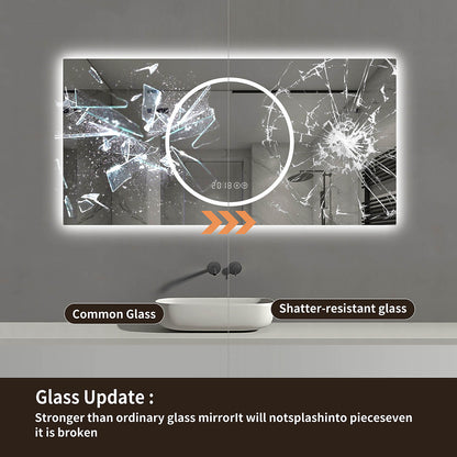 48 x 24 inch LED shower mirror shatterproof tempered safety glass comparison explosion proof impact resistant will not splash when broken