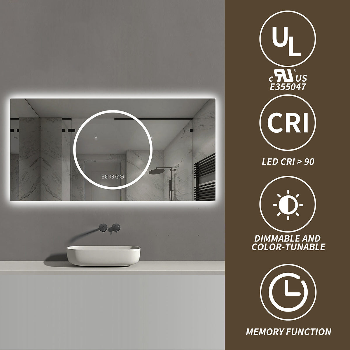 48 x 24 inch UL certified LED vanity mirror high CRI over 90 color rendering index dimmable color tunable lighting with smart memory function