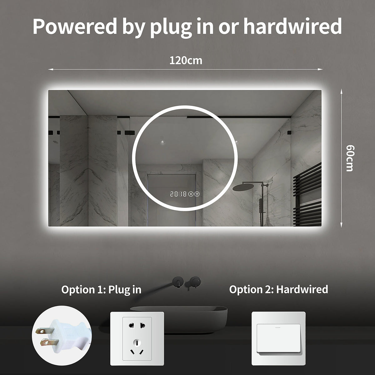 48 x 24 inch backlit vanity mirror dual power supply options plug in or hardwired electrical connection with 120cm by 60cm overall size