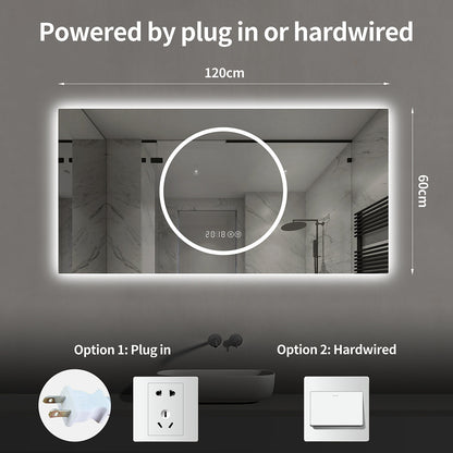  48 x 24 inch backlit vanity mirror dual power supply options plug in or hardwired electrical connection with 120cm by 60cm overall size