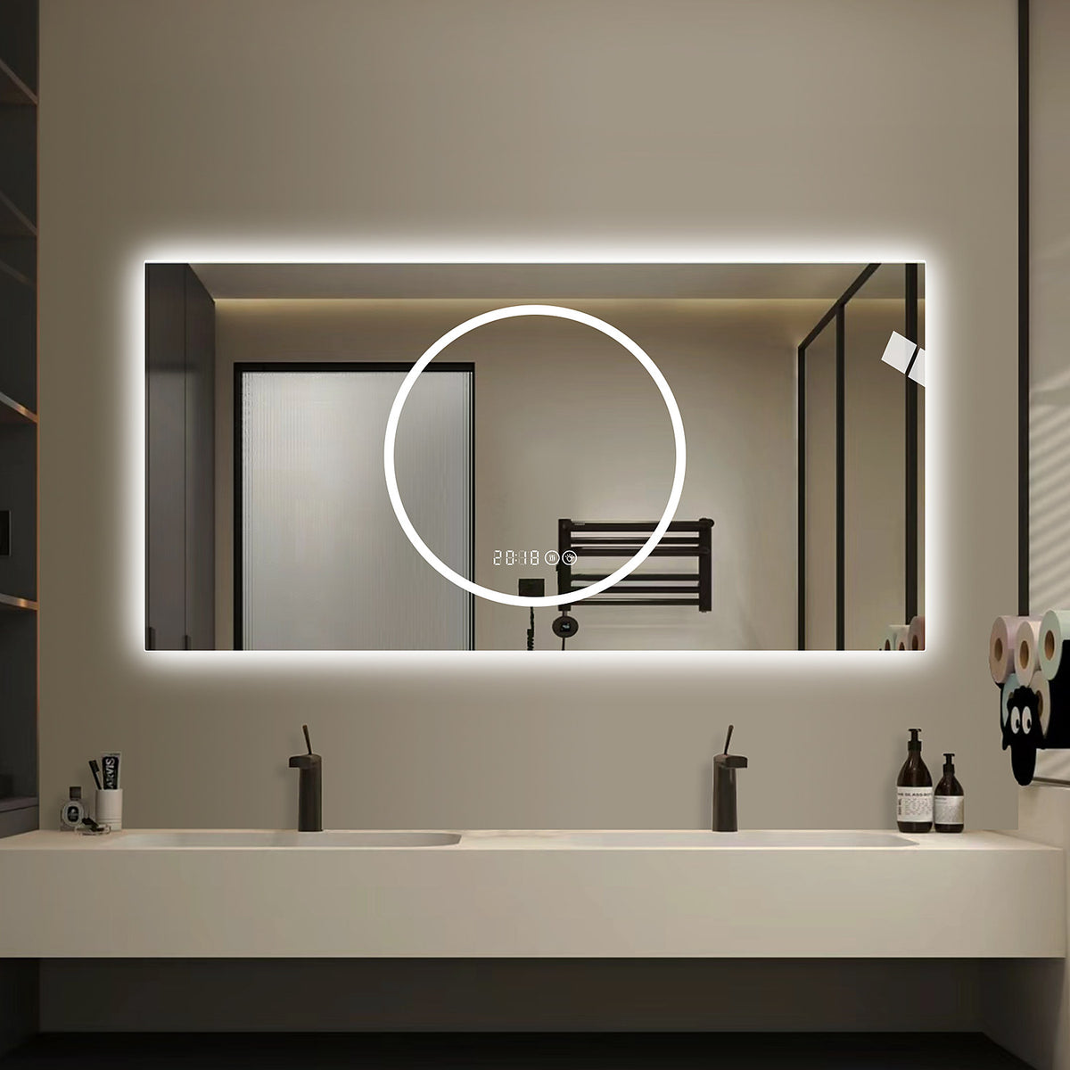 48 x 24 inch dimmable LED wall mirror cool daylight with anti fog for floating double sink vanity in beige bathroom