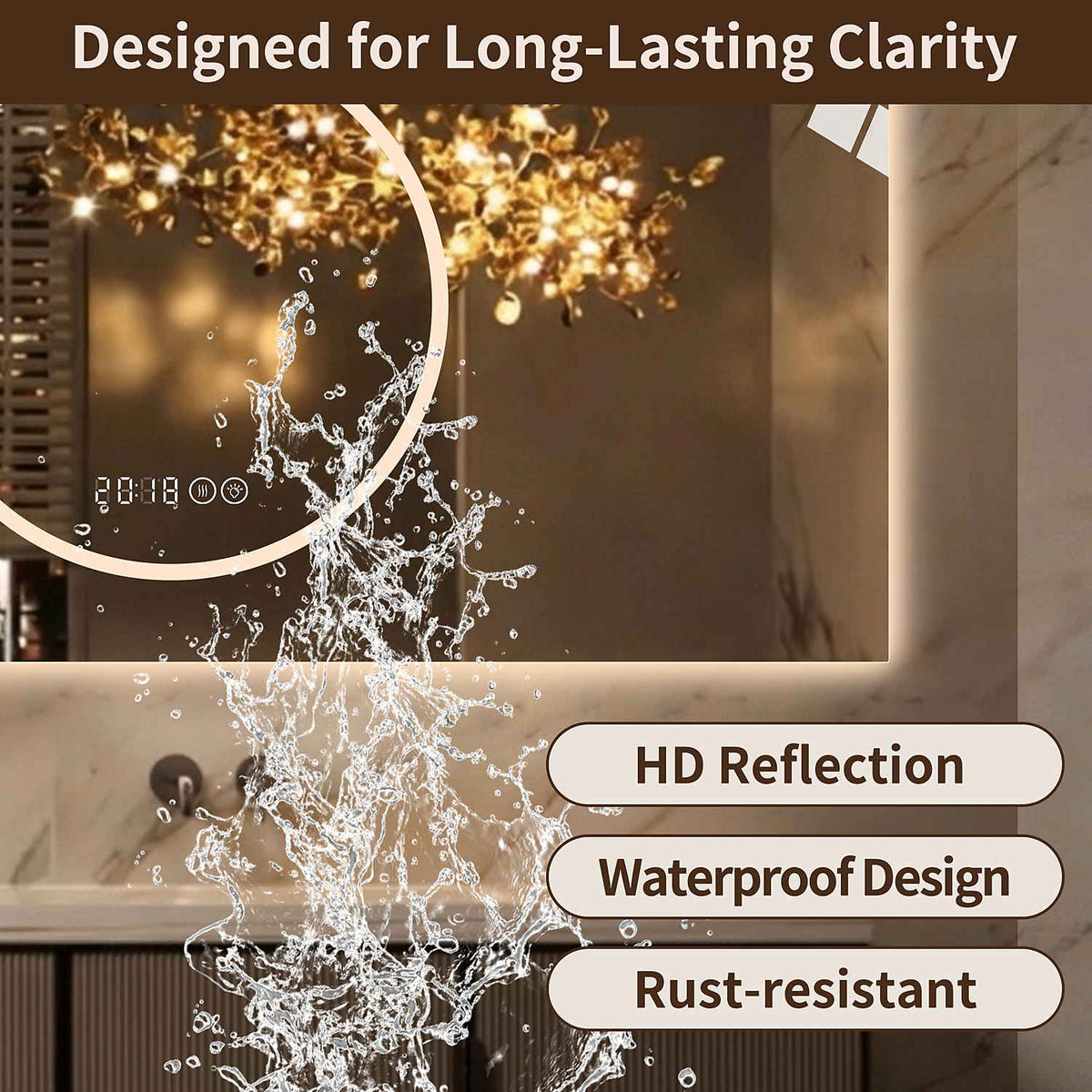 48 x 24 inch frameless LED mirror high definition copper free glass waterproof anti rust corrosion resistant for long lasting crystal clear reflection