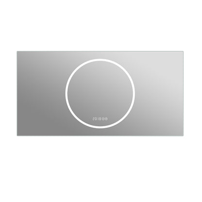 48 x 24 inch frameless LED vanity mirror front view product shot with circular magnifier and digital time display on white background
