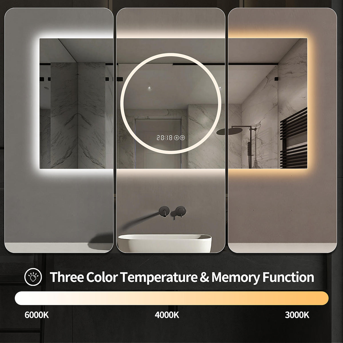 48 x 24 inch front lit LED vanity mirror triple color mode ambient lighting warm natural daylight settings with smart memory for bathroom grooming