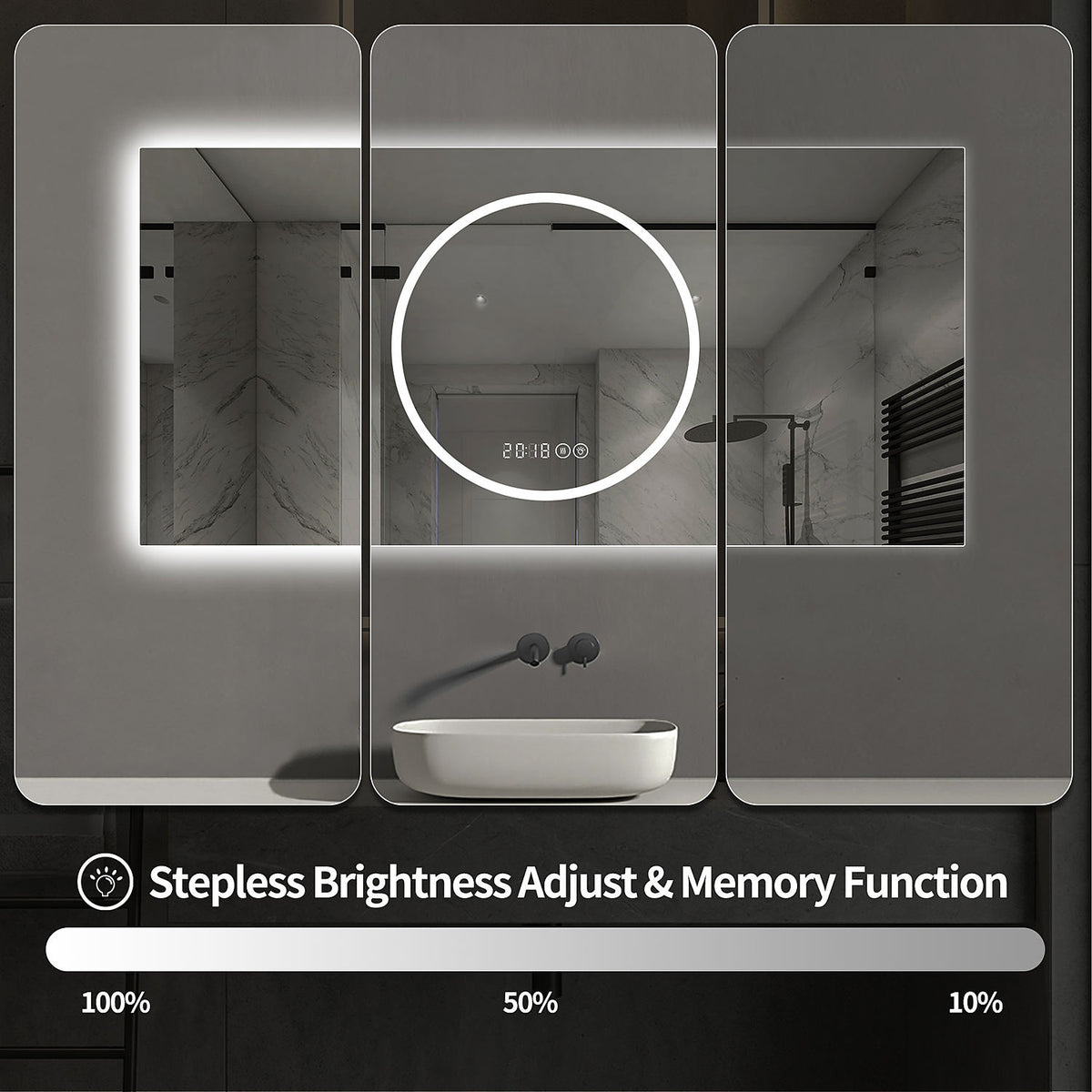 48 x 24 inch illuminated bathroom mirror stepless brightness dimmer adjustable from 10 percent to 100 percent lumen output with memory recall