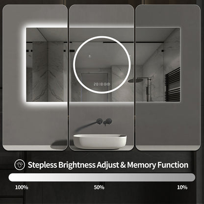 48 x 24 inch illuminated bathroom mirror stepless brightness dimmer adjustable from 10 percent to 100 percent lumen output with memory recall