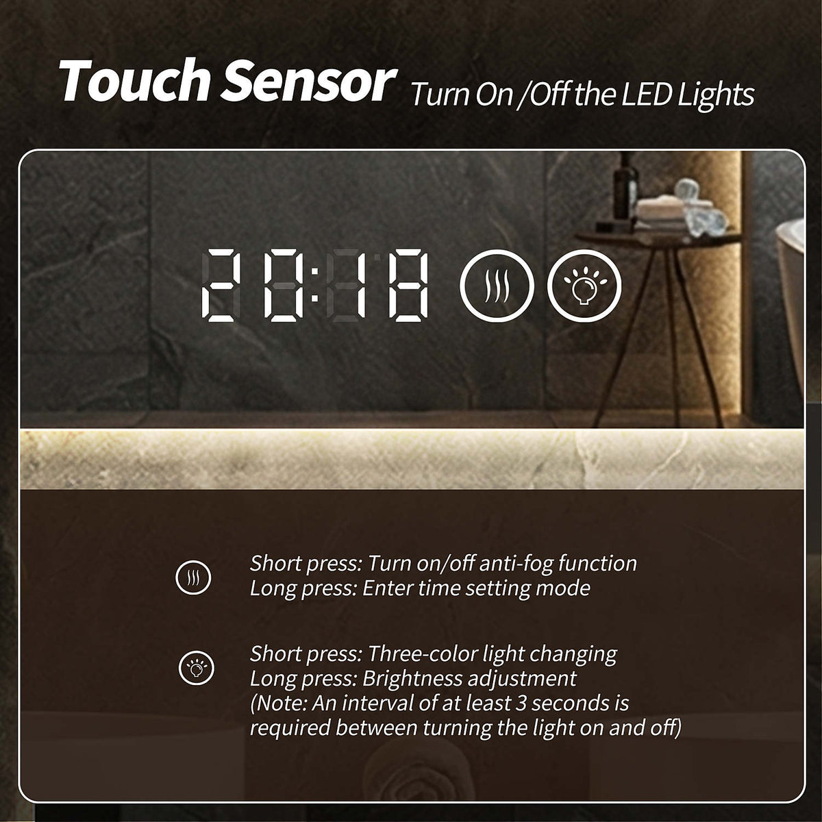 48 x 24 inch smart LED bathroom mirror touch sensor control panel with built in digital clock display anti fog defogger and LED light on off switch