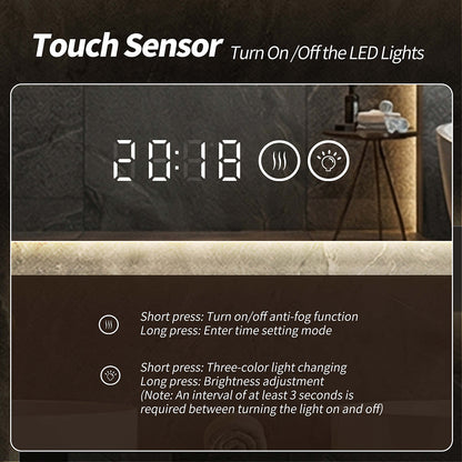 48 x 24 inch smart LED bathroom mirror touch sensor control panel with built in digital clock display anti fog defogger and LED light on off switch