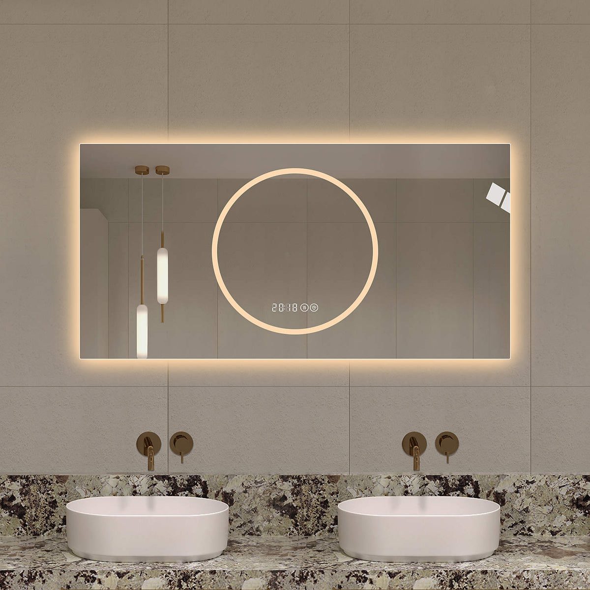 48 x 24 inch warm white LED vanity mirror for double sink bathroom with gold fixtures and granite countertop