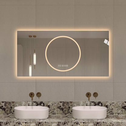 48 x 24 inch warm white LED vanity mirror for double sink bathroom with gold fixtures and granite countertop