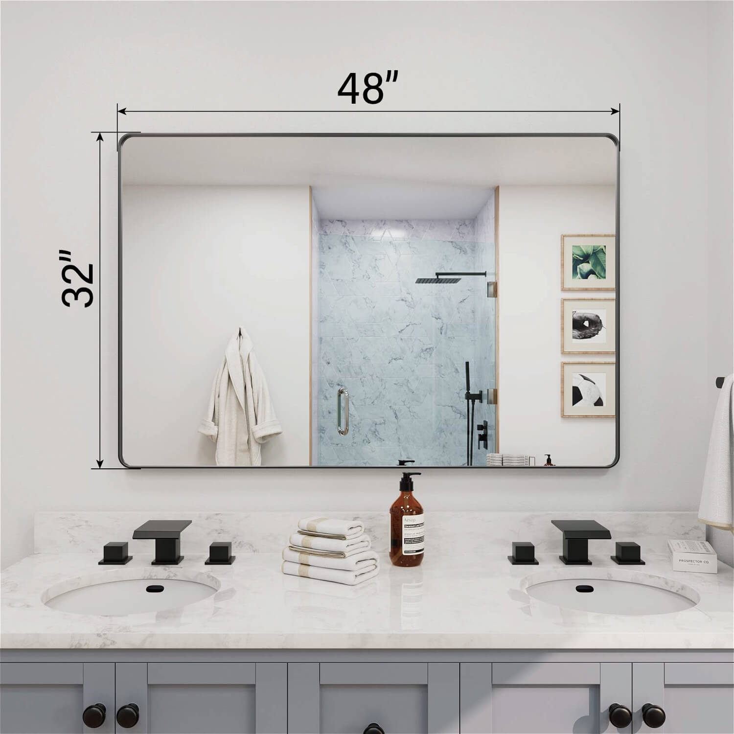 48 x 32 inches extra wide black framed rectangular bathroom mirror