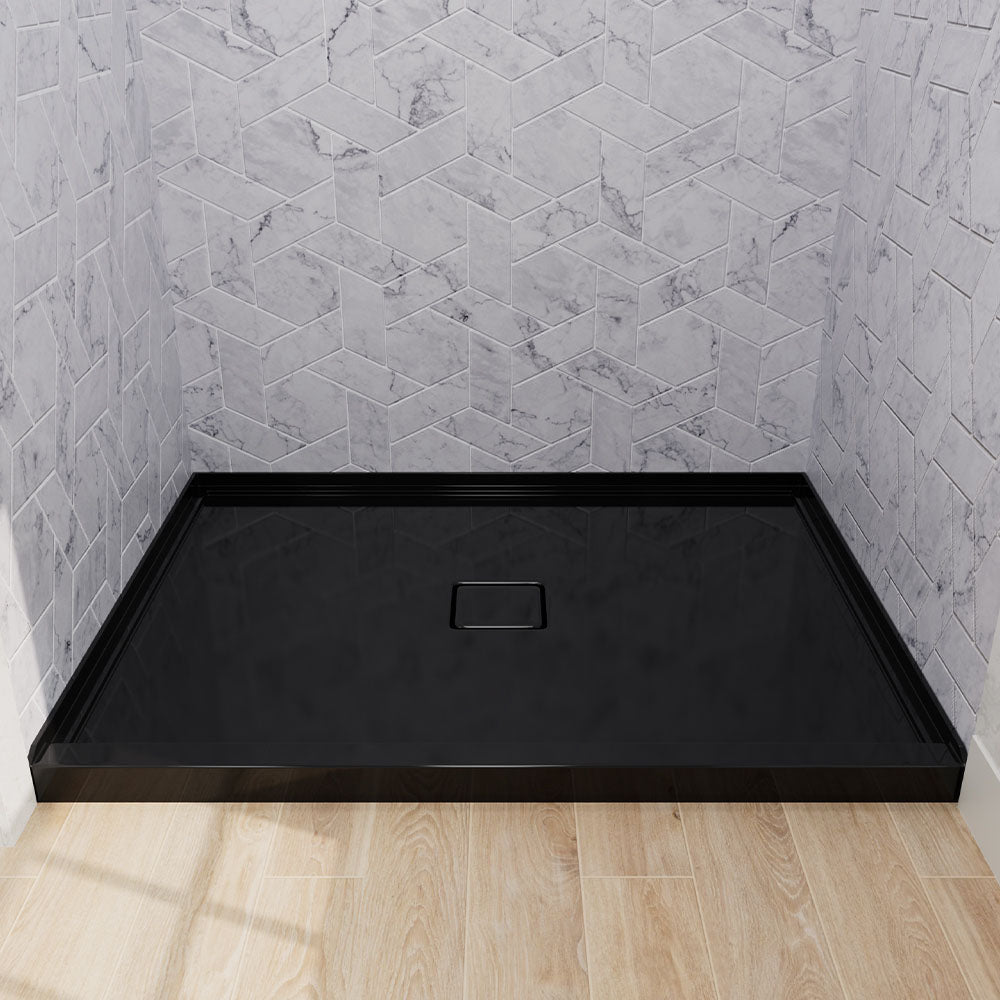 48 x 36 inch Black Acrylic Shower Base, Square Outlet Center Drain