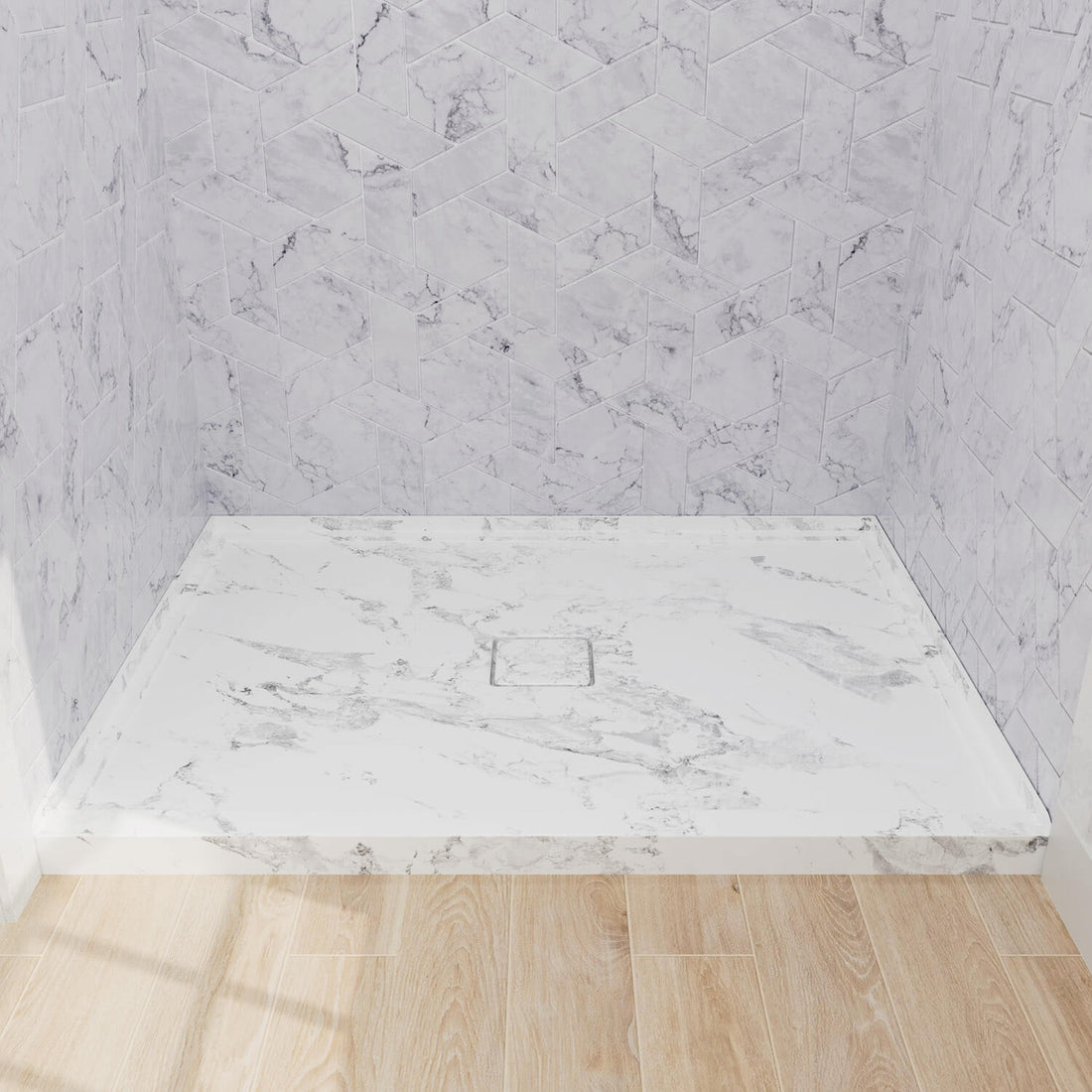 48 x 36 inch Marble Look Acrylic Shower Base, Square Outlet Center Drain